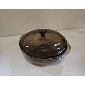 Vtg Corning Ware Visions Amber 1.5 QT Paneled Round  Casserole w/Pyrex‎ Lid